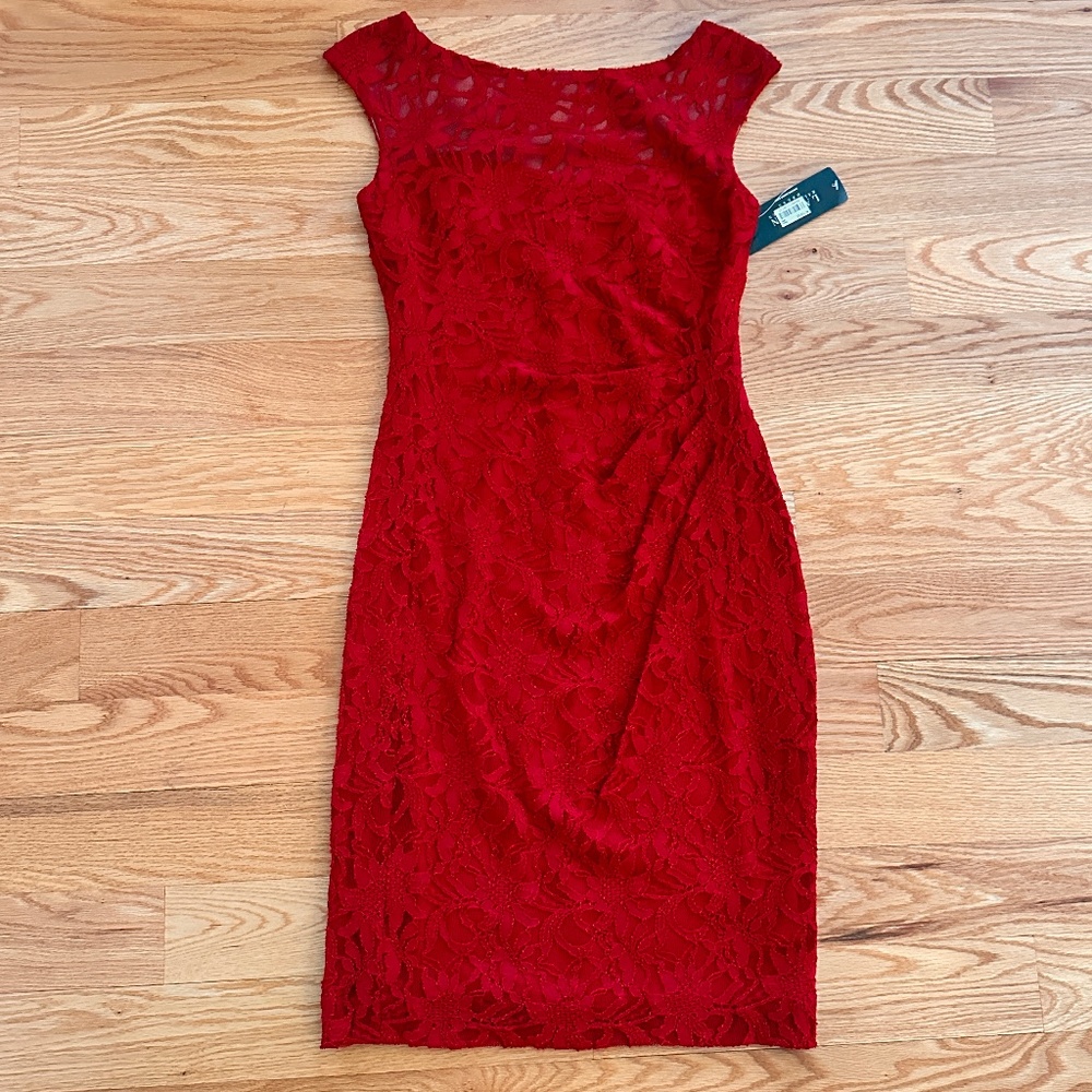 Ralph Lauren NWT Red Floral Lace Sleeveless Sheath Dress (4)